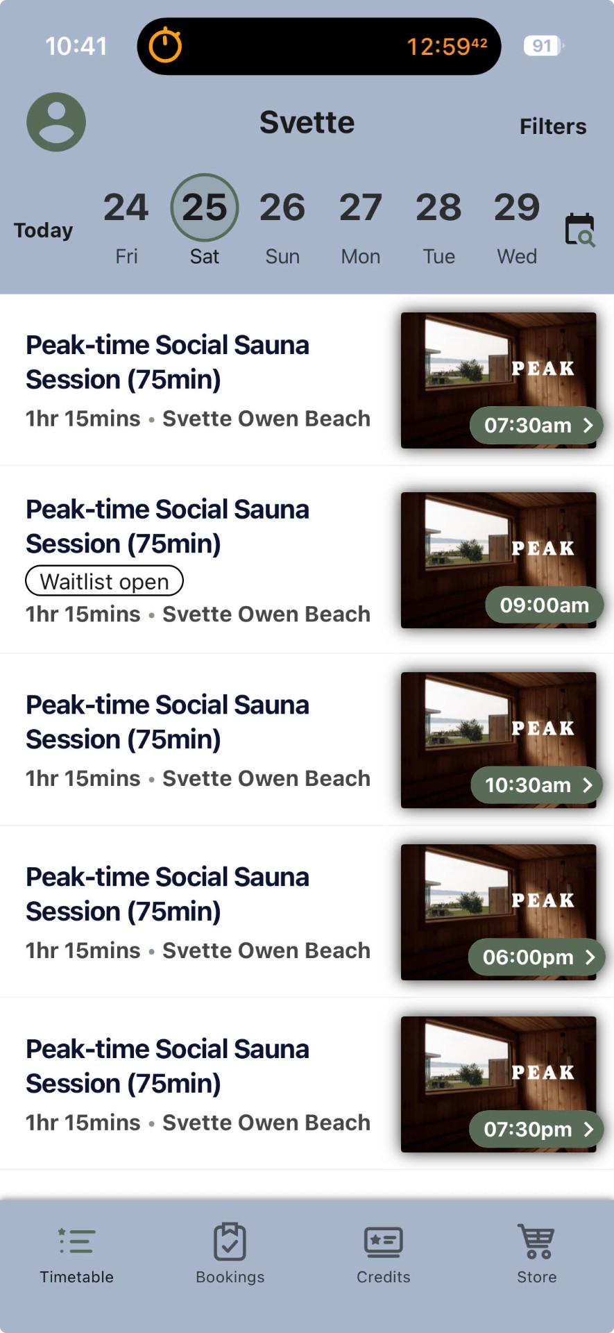 Svette app timetable showing upcoming sauna sessions